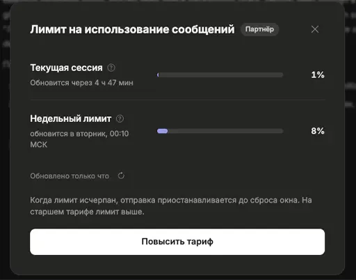 Индикатор использования всегда под рукой: он показывает, сколько запаса осталось в сессии и на неделе.